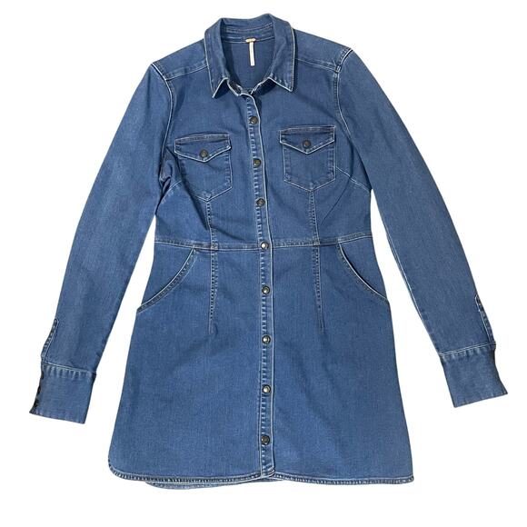 Free People Jean Dynamite Mini Dress Long Sleeve Stretch Denim Blue Women's M - Picture 3 of 16
